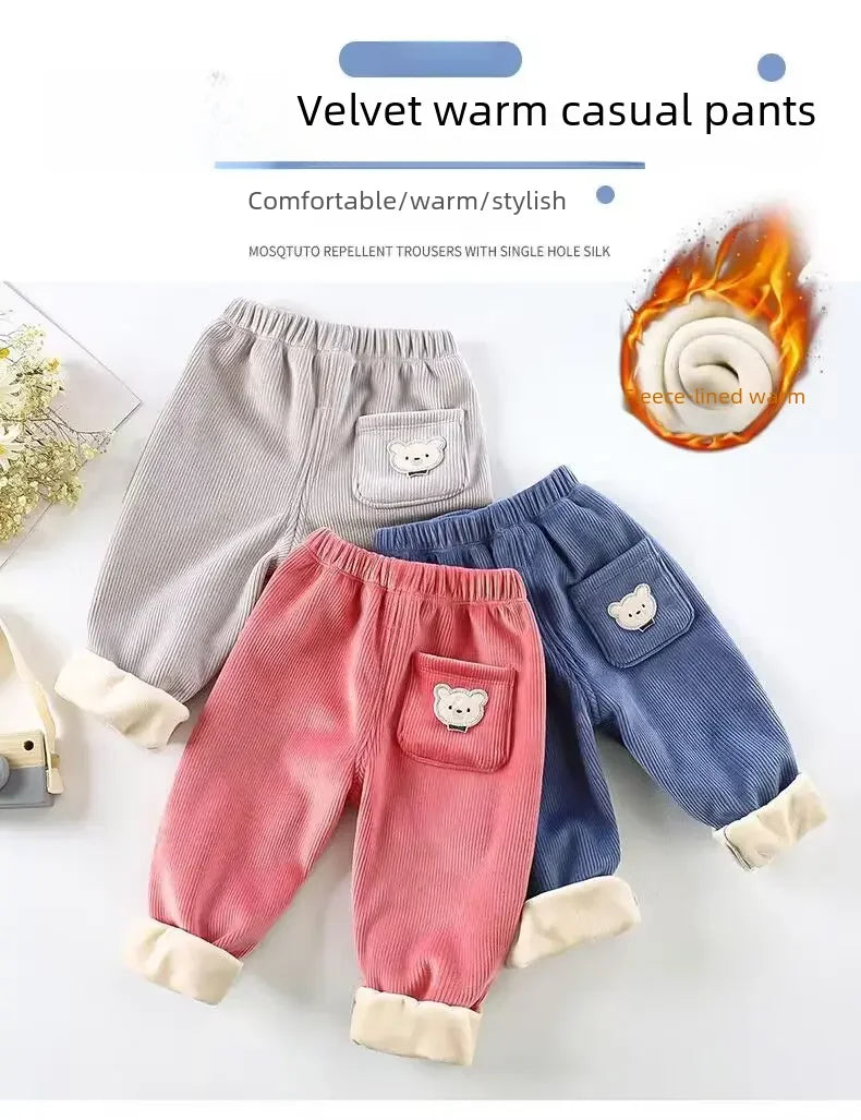 Autumn/winter Children's Fleece-lined Corduroy Pants Stylish Embroidery Casual Warm Trousers For Boys Girls