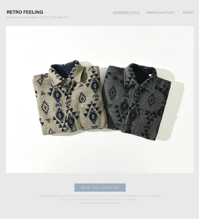 2024 Autumn Winter New Vintage Loose Printed Wool Shirts for Men Clothing Cargo Big Pockets Men Shirts AZT738