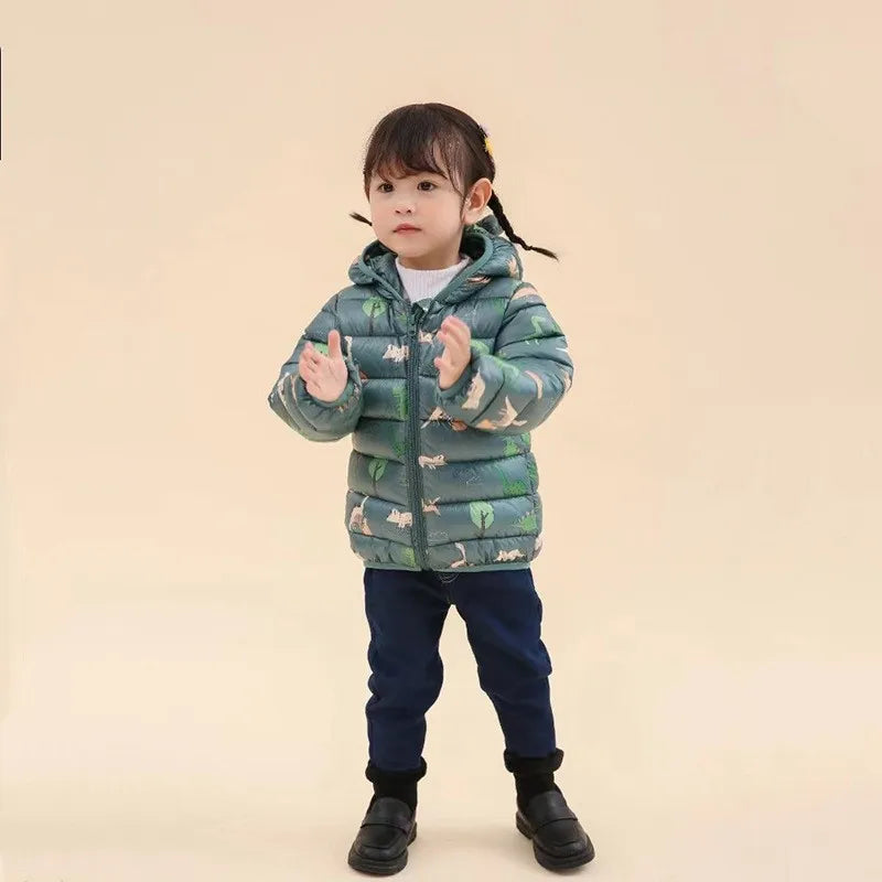 Children Boys Baby Hooded Lightweight Down Jackets Warm Outerwear Autumn Kids Girls Coats Cartoon Dinosaur Print Casual Clothing
