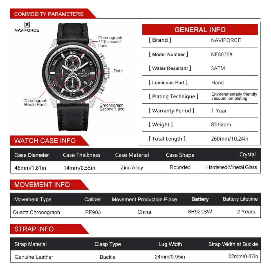 NAVIFORCE  Hands Wristwatches Genuine Leather Strap Alloy Case Casual Watches Dress Watch for Men Waterproof with Date Luminous