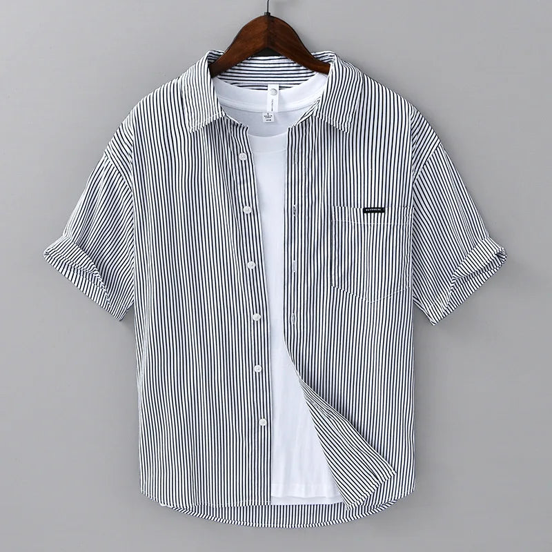 2025 Spring Summer New Casual Striped Cotton Short Sleeve Shirts for Men Clothing Soft Turn-down Collar Shirts DCC03