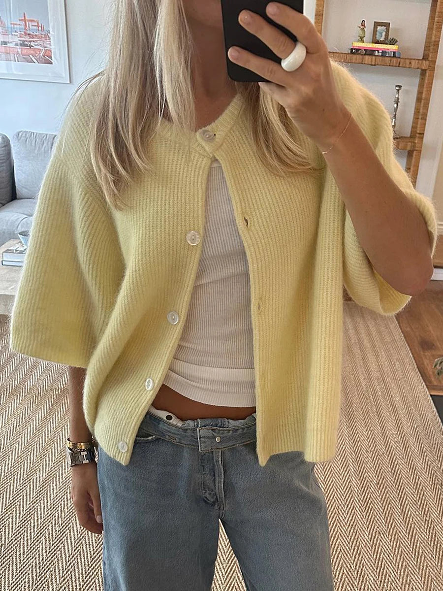 2000s Sweaters y2k Clothes Women Solid Color Round Neck Single Breasted Short Sleeve Cardigan Tops Fashion Streetwear