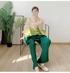 Miyake Diamond Pleated Two Piece Set Women Winter Outfits Elegant Causal Batwing Long Sleeve Three Colour Tos Straight Pants