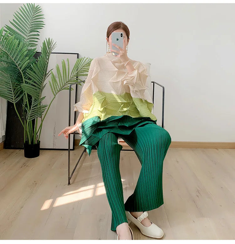 Miyake Diamond Pleated Two Piece Set Women Winter Outfits Elegant Causal Batwing Long Sleeve Three Colour Tos Straight Pants
