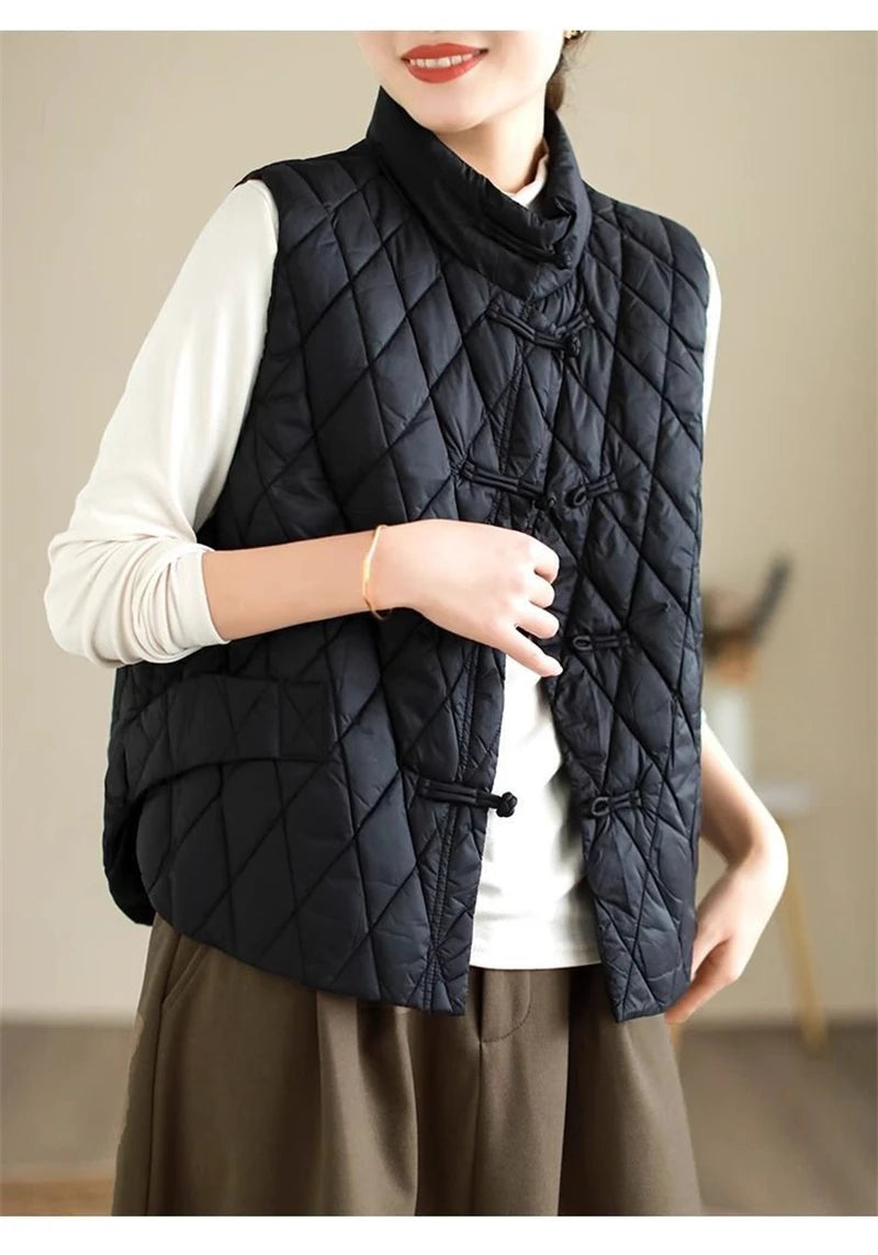 2024 New Autumn Winter Parkas Women Puffer Vest Loose Cropped Stand Collar Sleeveless Vest Jackets Down Cotton Padded Waistcoat