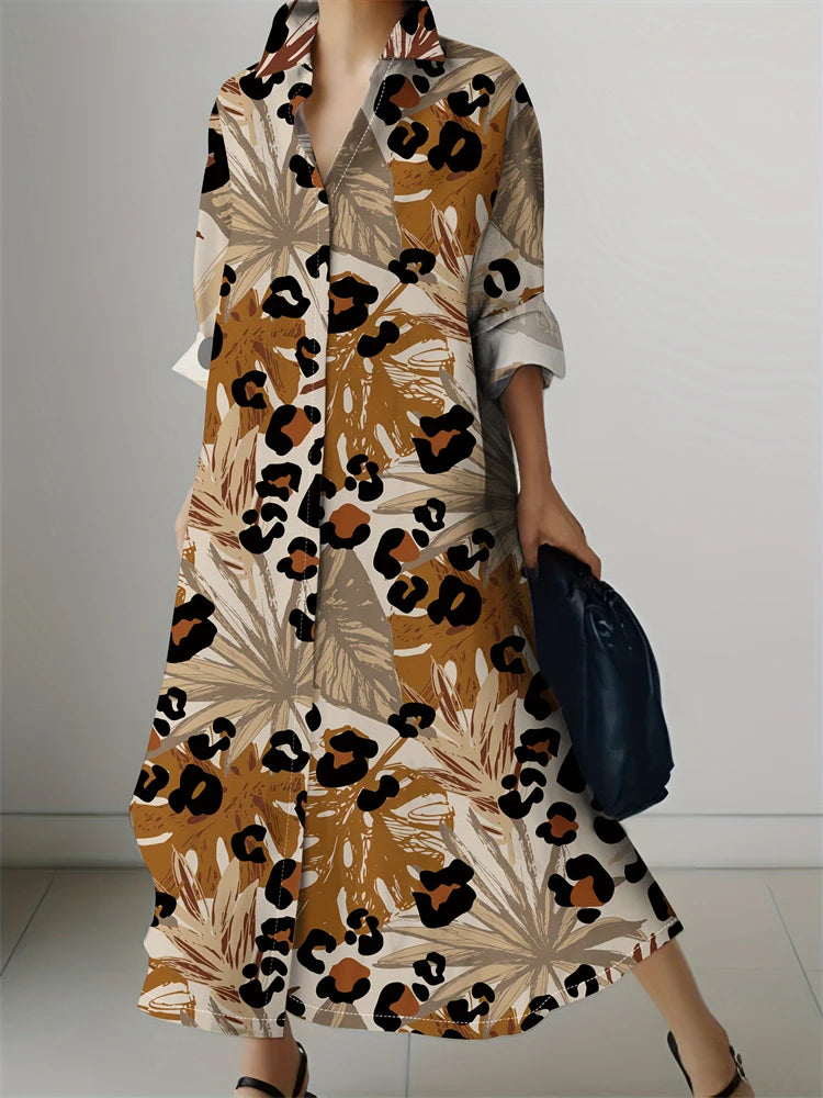 New Women's Fashion Shirt Dresses High Temperament Leopard Print Casual Dresses Women's Elegant Party Long Sleeve Dresses