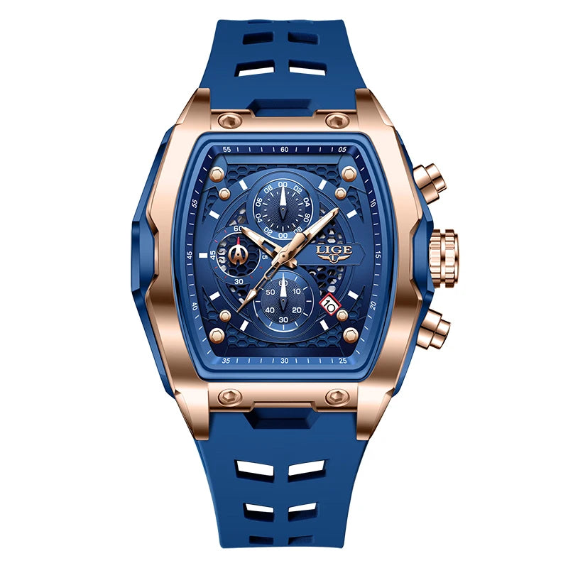 LIGE Quartz Mens Watches Fashion Business Military Wrist Watch For Men Silicone Sport Waterproof Chronograph Square Watch Men