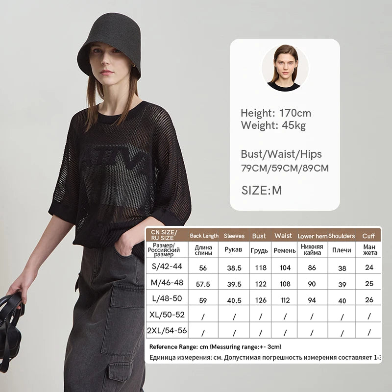 Amii Minimalist Women's Hollowed-out Knitted Pullover 2025 Summer New Half-sleeve Crew Neck Loose Blouse Thin Solid Top 12542139