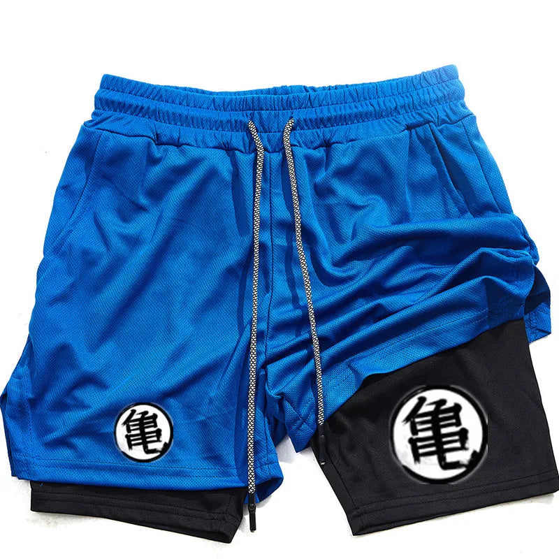 Goku Anime Running Shorts Men Fitness Gym Training 2 in 1 Sports Shorts Quick Dry Workout Jogging Double Deck Shorts