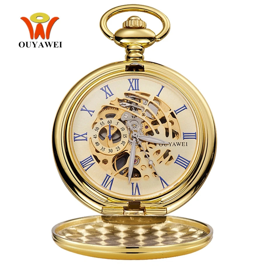 New OYW Brand Stainless Steel Men Fashion Casual Pocket Watch Skeleton dial Silver Hand Wind Mechanical Male Fob Chain Watches