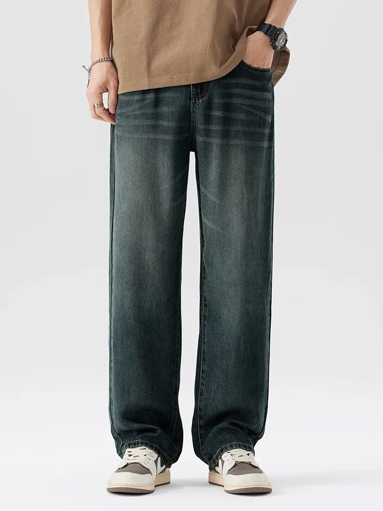 Spring Summer Thin Men's Loose Jeans Lyocell Draped Soft Fashion Loose Pants Streetswear Vintage Straight Y2K Denim Trousers