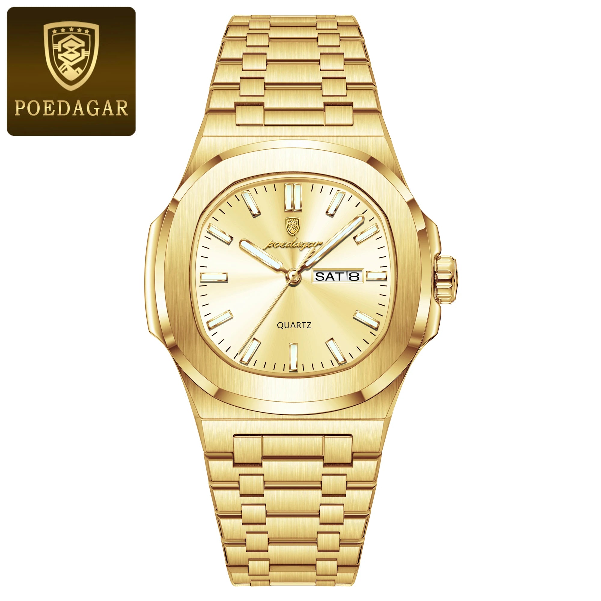 POEDAGAR Trendy Casual Wristwatch For Men Week Date Stainless Steel Man Watch Luminous Waterproof Luxury Quartz Men Watches+Box