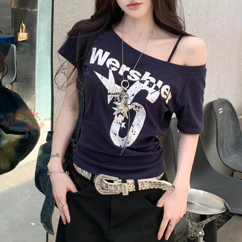 Y2k Women Vintage Streetwear Sport Short Sleeve Acubi Letter Print T-shirts Grunge Off Shoulder Spicy Tshirt Top Tee Alt Clothes
