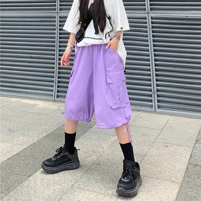 Zoki Streetwear Harajuku Oversize Bf Cargo Shorts Hip Hop Fashion High Waist Women Big Pockets Casual Shorts Summer Loose Shorts