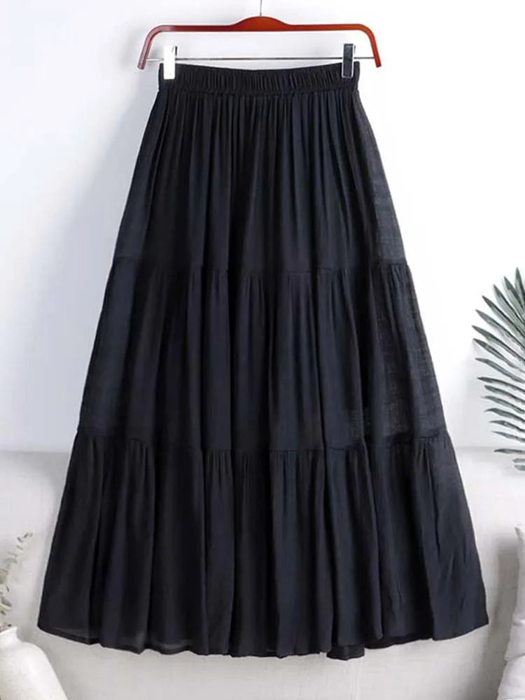 Designer Chic Maxi Skirt Woman 2024 New Summer A-Line Solid Patchwork Skirts Minimalist Casual Loose Pleated Skirts Jupe Femme