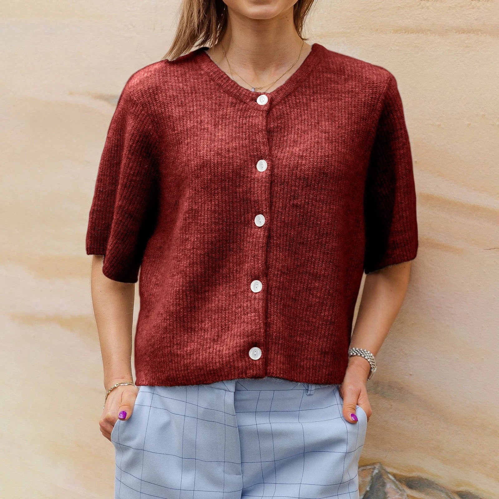 2000s Sweaters y2k Clothes Women Solid Color Round Neck Single Breasted Short Sleeve Cardigan Tops Fashion Streetwear