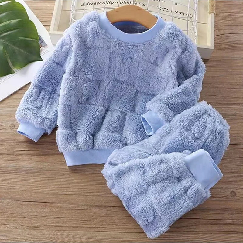 New Autumn and Winter Flange Pajamas Suits Children's Long Sleeve Top+Trousers Sets Plus Velvet Thick Home Wear 1-6 Years Old
