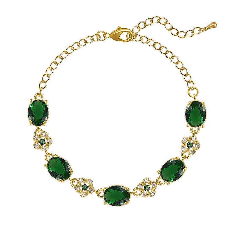 Elegant Green Rhinestone Crystal Bracelet Gold Color Link Chain Bracelets For Women Vintage Party Wedding Bridal Jewelry Gifts