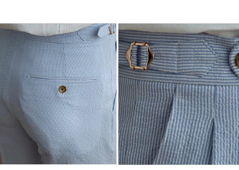 High-end Striped Men's Suit Pants Spring Summer Thin Italian Straight Casual Trousers Blue Paris Buckle Business Trousers
