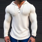 Spring Solid Color Slim Fit Long Sleeved T-shirt, Men's Hooded Breathable Sports Top, Waffle Cotton Casual Long Sleeved Shirt
