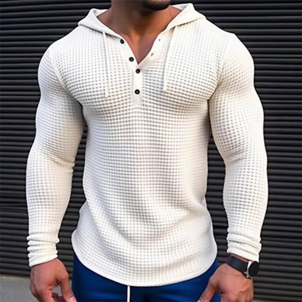Spring Solid Color Slim Fit Long Sleeved T-shirt, Men's Hooded Breathable Sports Top, Waffle Cotton Casual Long Sleeved Shirt