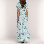 Women V-neck Ruffle Short Sleeve Maxi Dress Waist Tight High-waist Hem Sweet Floral Print Elegant Dress Female Clothing Vestidos