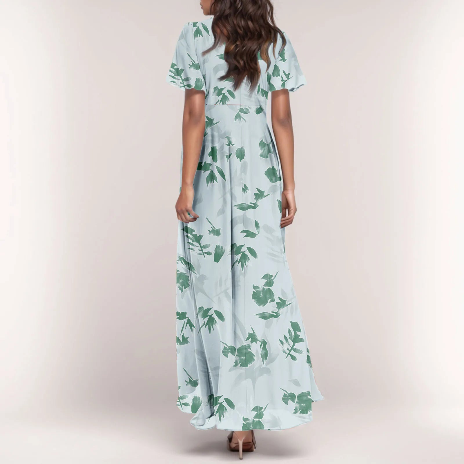 Women V-neck Ruffle Short Sleeve Maxi Dress Waist Tight High-waist Hem Sweet Floral Print Elegant Dress Female Clothing Vestidos