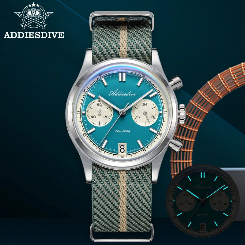 ADDIESDIVE AD2095 Watch of Men 60min Chronograph Quartz Wristwatch Bubble Mirror Glass Luminous Waterproof Men's Watches 38mm