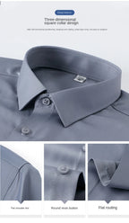 2023 Summer Short Sleeve High Density Silky Material Solid  Elastic Business Men Dress Shirts No Pocket Stretch Clothes