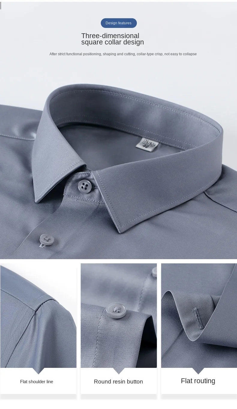 2023 Summer Short Sleeve High Density Silky Material Solid  Elastic Business Men Dress Shirts No Pocket Stretch Clothes