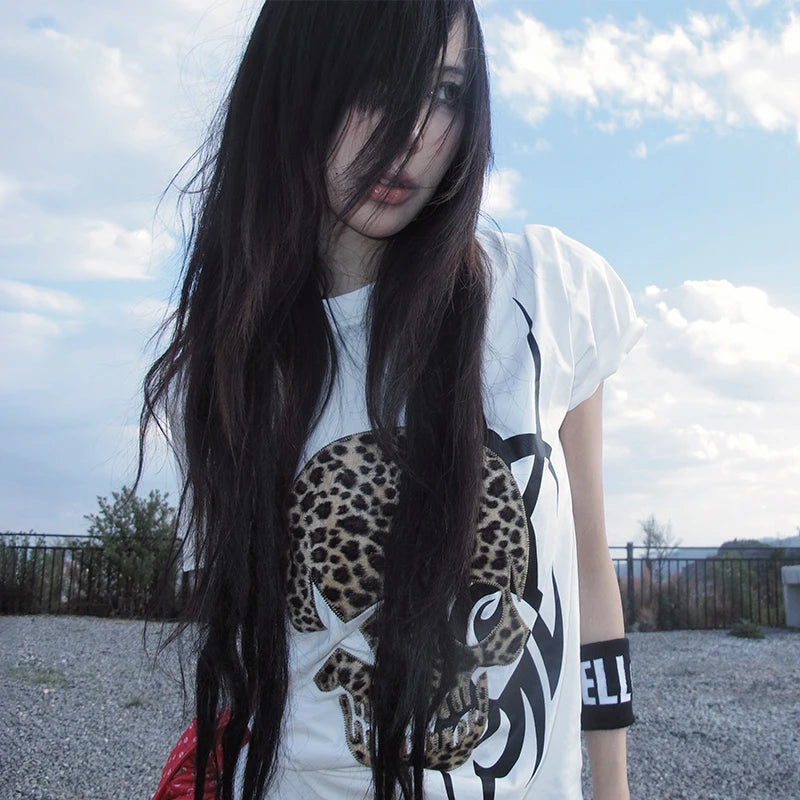 Karrcat Trashy Y2k Skull Print T-shirt Grunge Aesthetics Short Sleeve Tee Shirt Vintage 2000s Style Streetwear Gothic Punk 90s