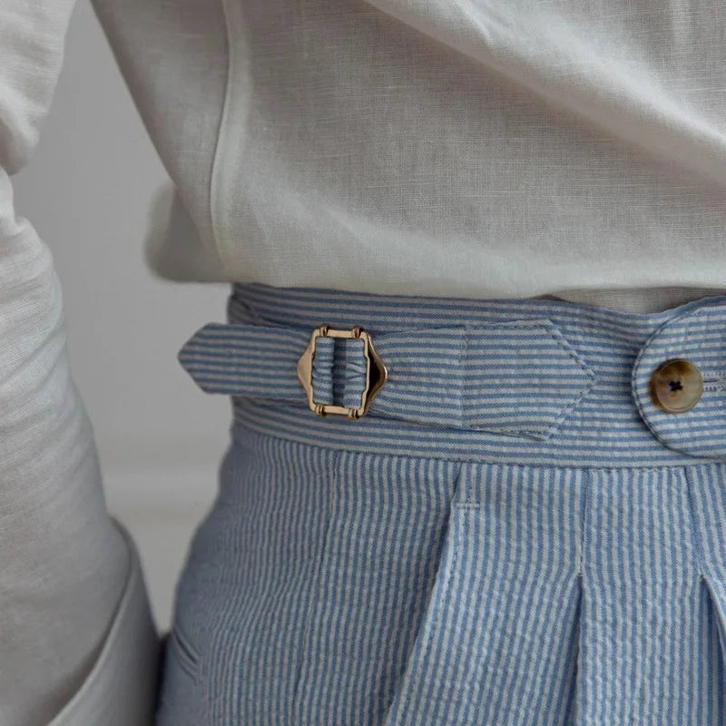 High-end Striped Men's Suit Pants Spring Summer Thin Italian Straight Casual Trousers Blue Paris Buckle Business Trousers