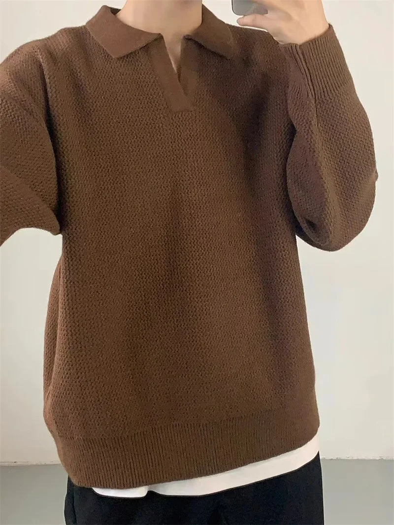 Korean Fashion V-neck Pullover Sweater Men's Casual Long Sleeve Knitted Polo Shirts Y2K Vintage Lapel Knitwear jersey hombre