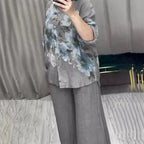 Two Piece Set Islam Muslim Women Tops Flower Print Shirt Wide Leg Pants Suits Ramadan Turkey Modest Ensembles Morocco Outfits