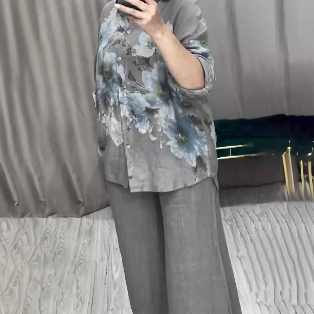 Two Piece Set Islam Muslim Women Tops Flower Print Shirt Wide Leg Pants Suits Ramadan Turkey Modest Ensembles Morocco Outfits