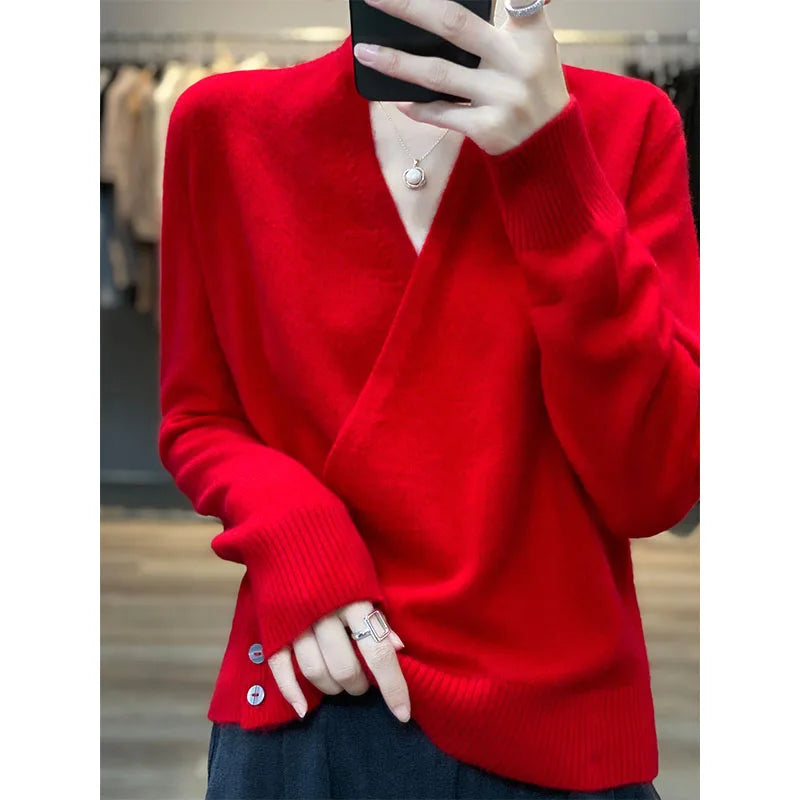 Japanese Kimono Cardigan Pure Wool Sweater Female Cross V-Neck Knitted Cardigan 2023 Spring and Autumn Loose Leggings Retro Top