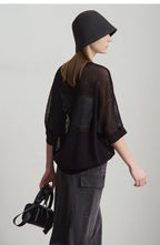 Amii Minimalist Women's Hollowed-out Knitted Pullover 2025 Summer New Half-sleeve Crew Neck Loose Blouse Thin Solid Top 12542139
