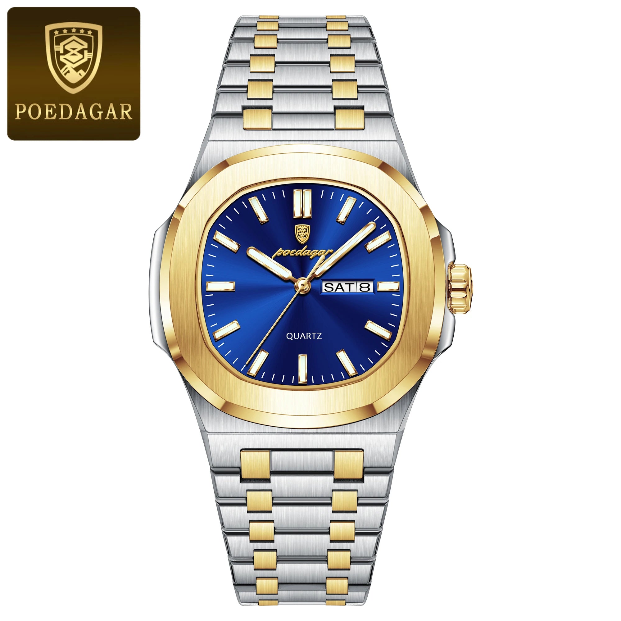 POEDAGAR Trendy Casual Wristwatch For Men Week Date Stainless Steel Man Watch Luminous Waterproof Luxury Quartz Men Watches+Box
