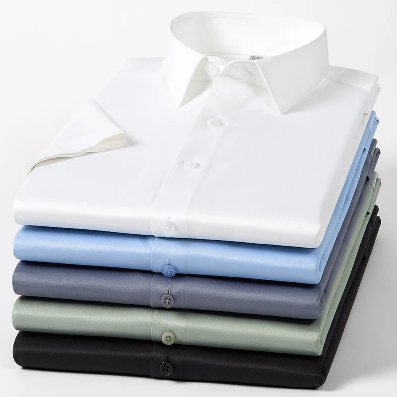 2023 Summer Short Sleeve High Density Silky Material Solid  Elastic Business Men Dress Shirts No Pocket Stretch Clothes