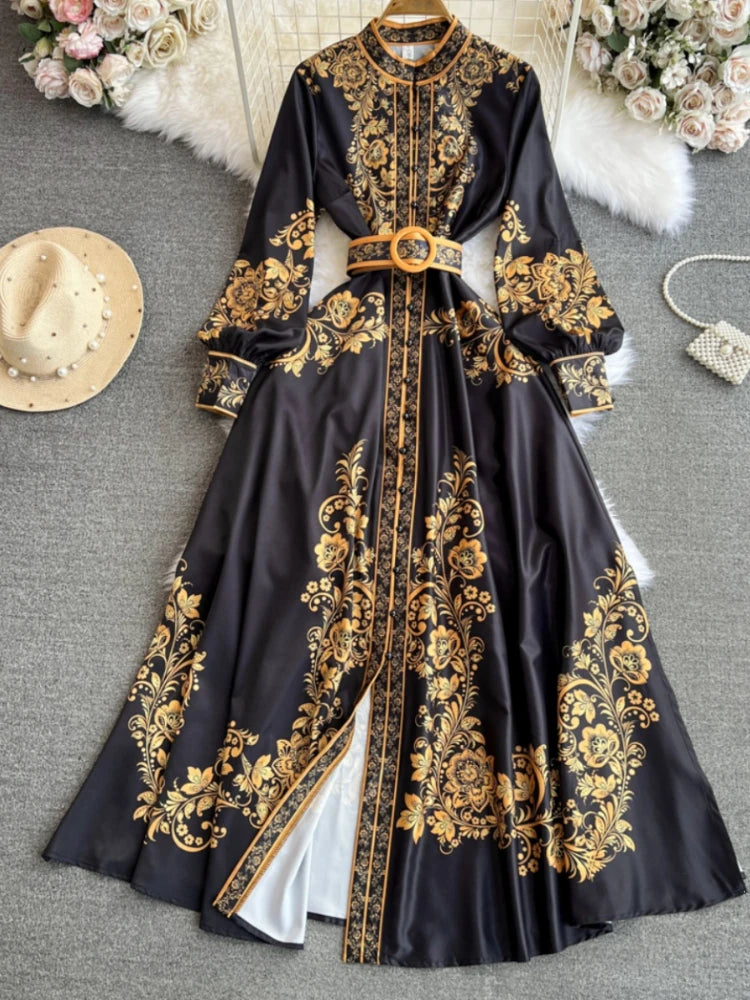 Spring Maxi Belt Dresses for Women Chic Vintage Printing Robe Femme Stand Neck Tunic Lantern Sleeve Dress 2024 Vestidos De Mujer