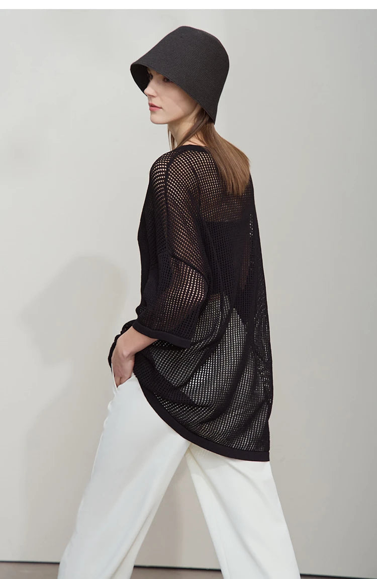 Amii Minimalist Women's Knitted Pullovers 2025 Summer Crew Neck Short-sleeved Casual Mid Long Loose Letter Jacquard Top 12542048
