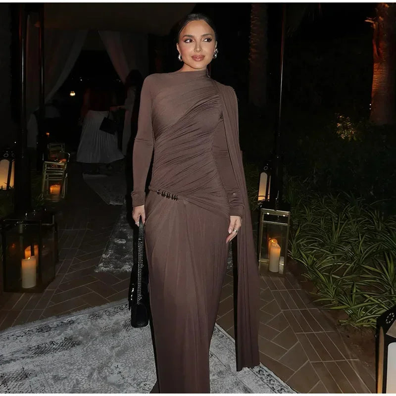Fashion Brown Pleated Long Sleeve Dress Women Elegant O-neck Bodycon Prom Robes 2025 New Summer Lady Street Party Dresses