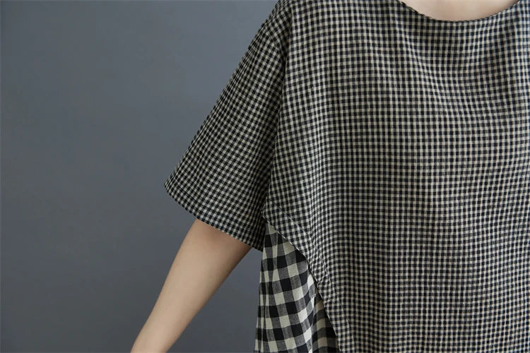 Short sleeve oversized vintage plaid patchwork new in dresses for women casual loose long summer dress elegant clothing 2025