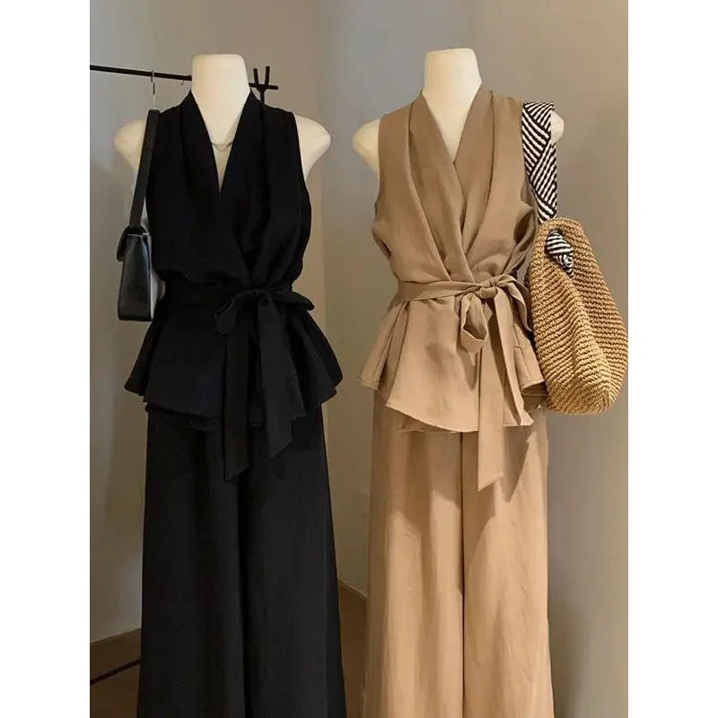 Irregular V-neck Cross Halter Vest Wide-leg Trousers for Women Summer New Suit