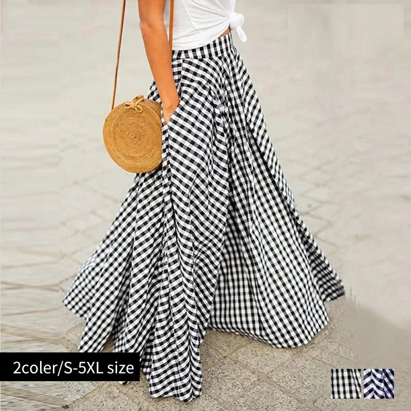 Elegant High-Waisted Long Dress For Women Summer New Arrival Commuting Plaid Big Skirt Wide Leg Design Female Fashion