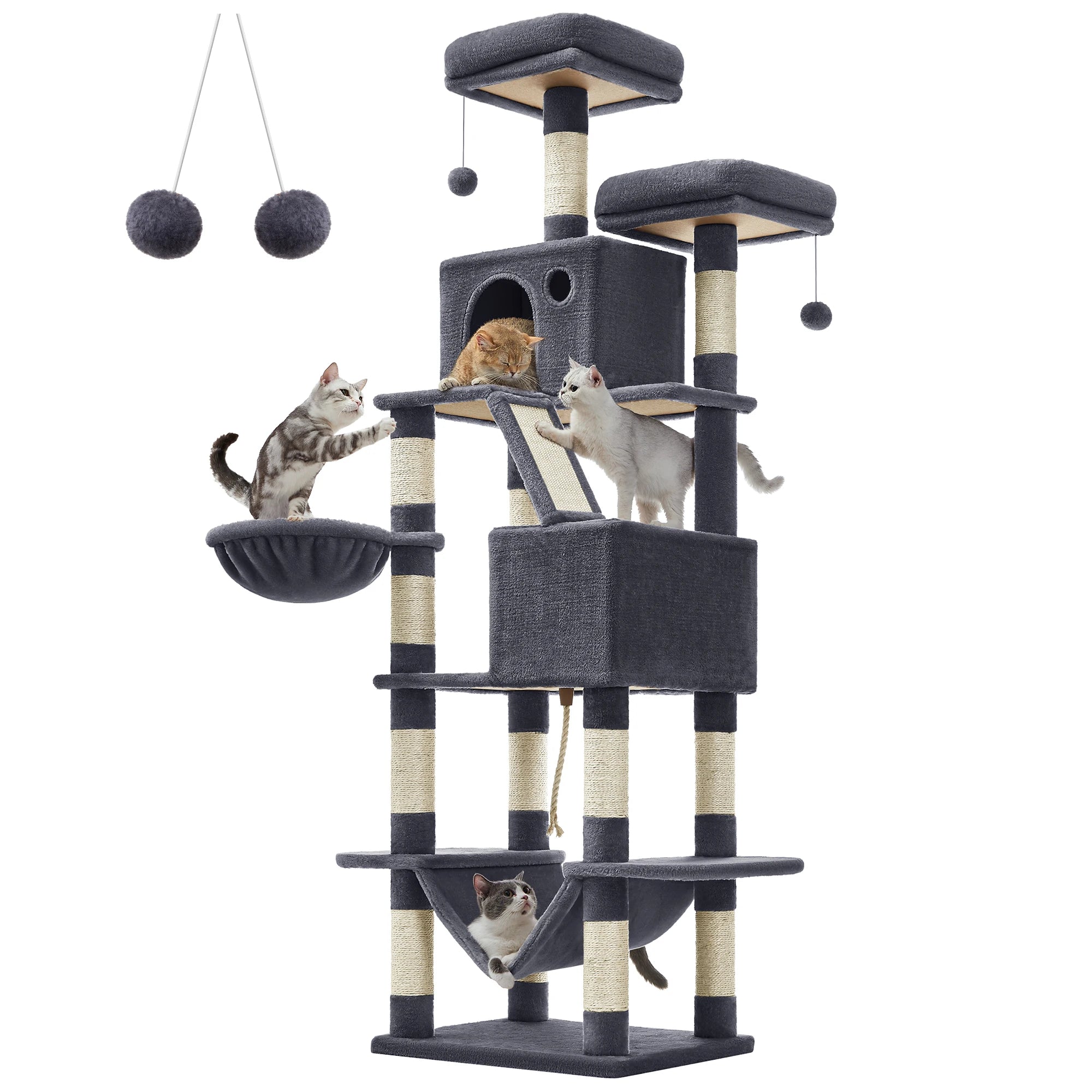 Feandrea Cat Tree, Height 206 cm, with 13 Scratching Posts, 2 Platform, 2 Kennels, Basket, Hammock, Pompom