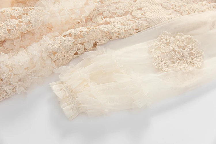 LD LINDA DELLA Fashion Designer Summer Dress Women's Vintage Solid Color Temperament Net Yarn Embroidery Cascading Ruffle Dress