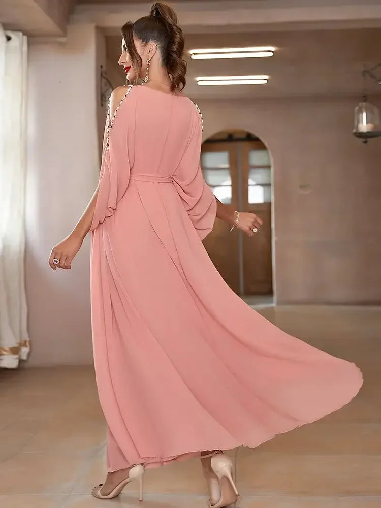 Ramadan Eid Party Dress Morocco Kaftan Off Shoulder Pink Diamond Beads Dubai Abaya Long Dress Abayas for Women Robe Musulmane