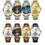 OLEVS 6663 Mens Watch Original Mechanical Watch Tourbillon Waterproof Luminous Leather Strap Moon Phase Day-Date Watch With Box