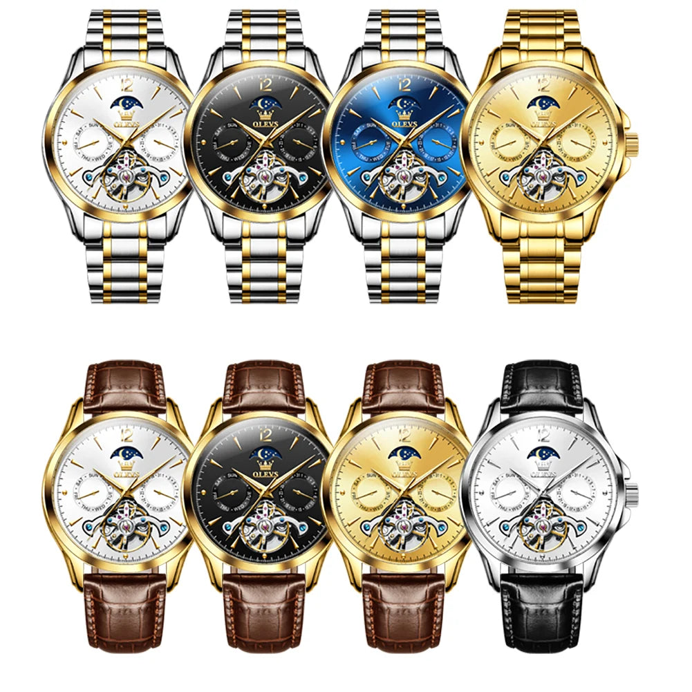 OLEVS 6663 Mens Watch Original Mechanical Watch Tourbillon Waterproof Luminous Leather Strap Moon Phase Day-Date Watch With Box